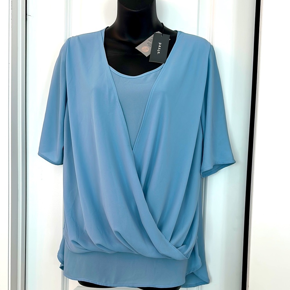 Women's Sky Blue Drape Top. Size large Brand New